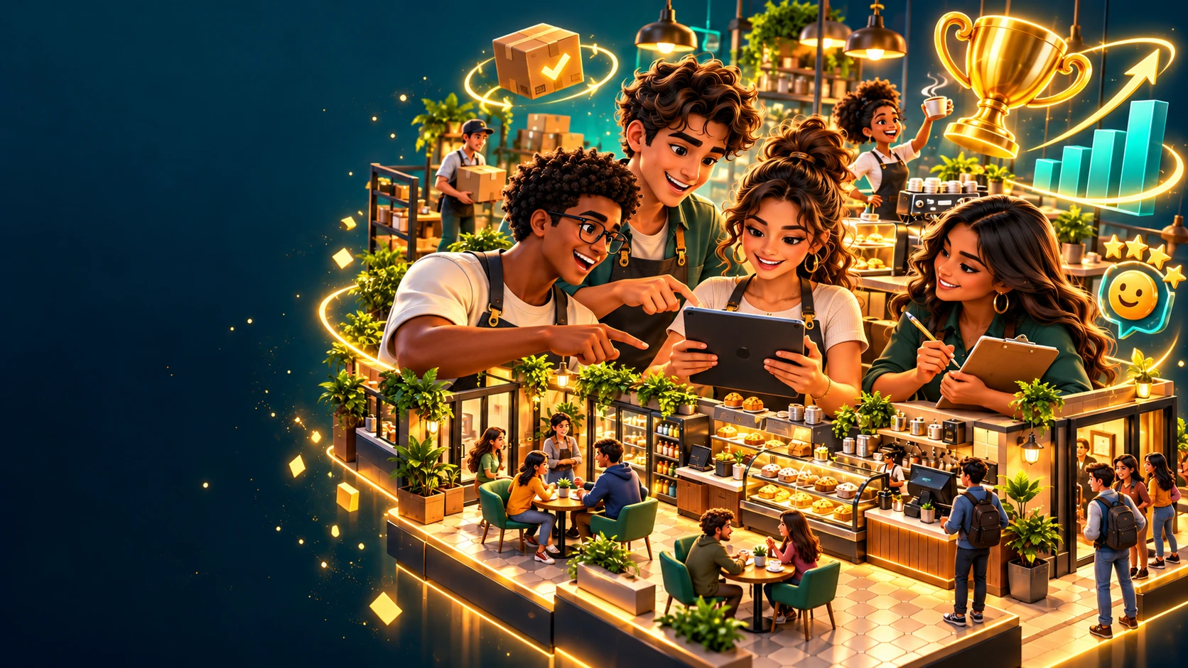 Ilustração de uma cafeteria movimentada: jovens gestores, equipe e clientes em uma competição de negócios.